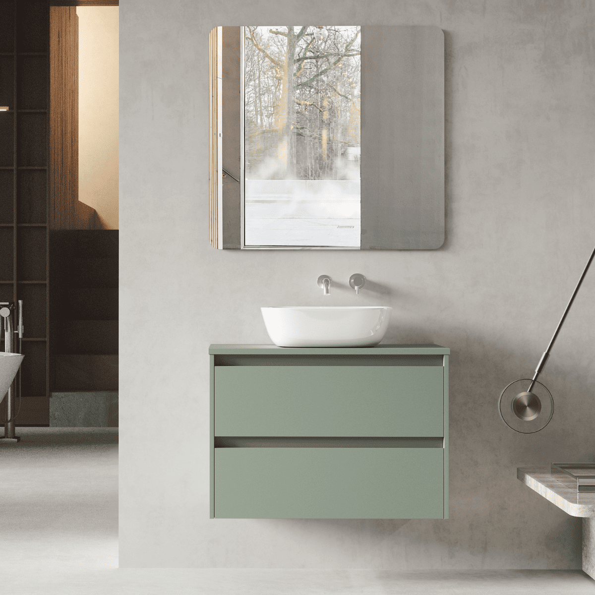 Mueble de Baño Suspendido con Lavabo Sobreponer Cerámico modelo Veloz| Mueble Volado 2 Cajones | Leaf