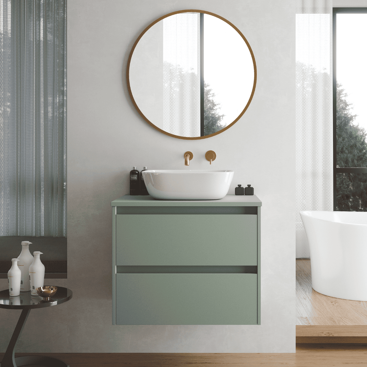 Mueble de Baño Suspendido con Lavabo Sobreponer Cerámico modelo Veloz| Mueble Volado 2 Cajones | Leaf