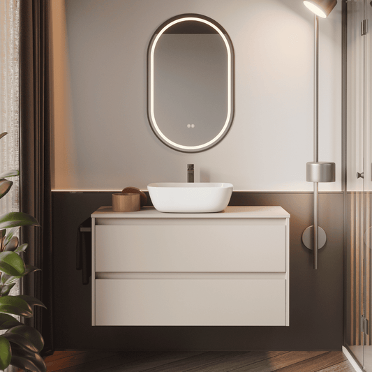 Mueble de Baño Suspendido con Lavabo Sobreponer Cerámico modelo Veloz| Mueble Volado 2 Cajones | Moka