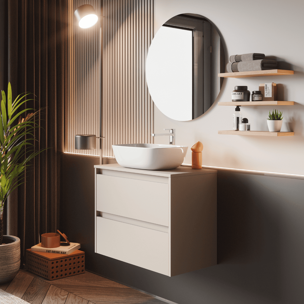 Mueble de Baño Suspendido con Lavabo Sobreponer Cerámico modelo Veloz| Mueble Volado 2 Cajones | Moka