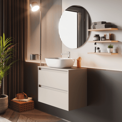 Mueble de Baño Suspendido con Lavabo Sobreponer Cerámico modelo Veloz| Mueble Volado 2 Cajones | Moka