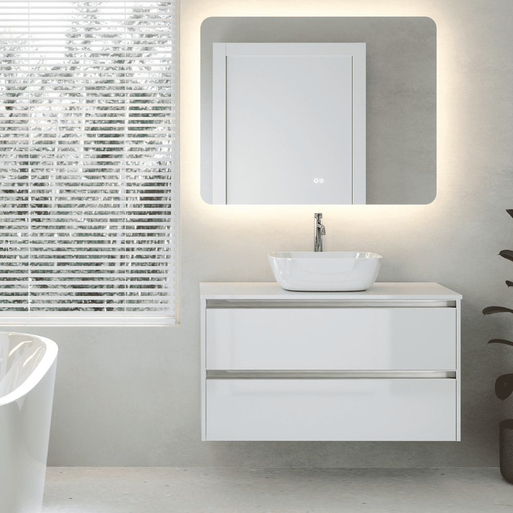 Mueble de Baño Suspendido con Lavabo Sobreponer Cerámico modelo Veloz|Mueble Volado 2 Cajones Con Tirador | Blanco Brillo - 