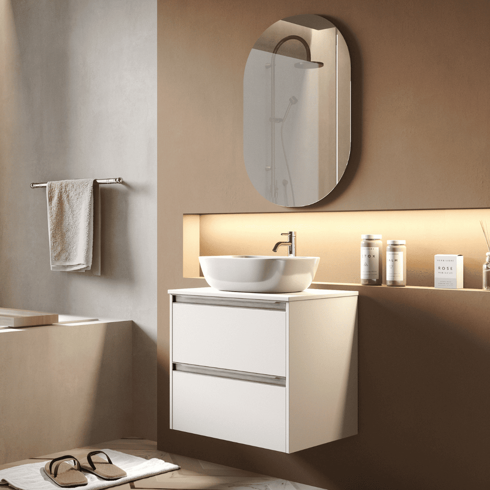 Mueble de Baño Suspendido con Lavabo Sobreponer Cerámico modelo Veloz|Mueble Volado 2 Cajones Con Tirador | Blanco Mate - 