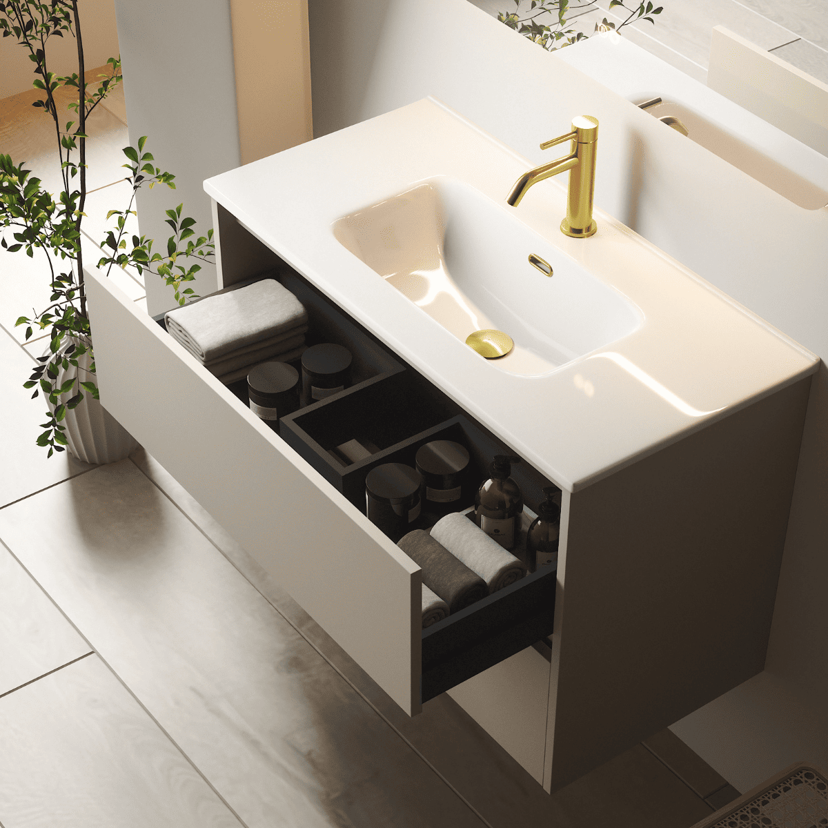 Mueble de Baño Suspendido con Lavabo Cerámico modelo Veloz| Mueble Volado 2 Cajones| Moka