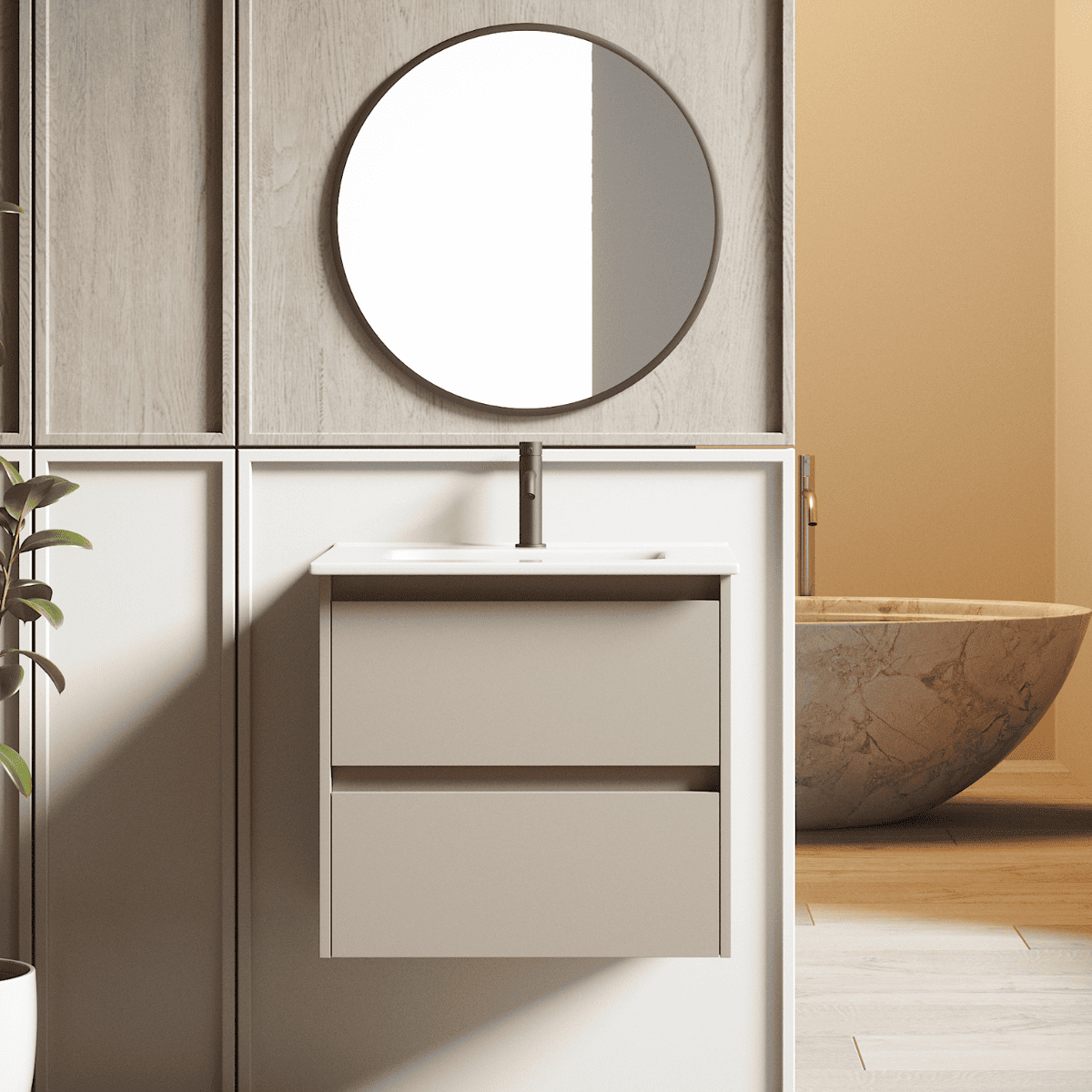 Mueble de Baño Suspendido con Lavabo Cerámico modelo Veloz| Mueble Volado 2 Cajones| Moka