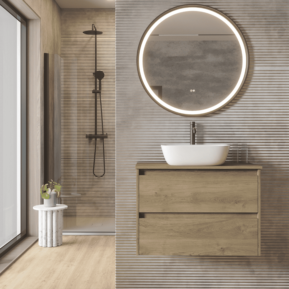 Mueble de Baño Suspendido Fondo Reducido con Lavabo Sobreponer Cerámico para Aseos modelo Veloz| Mueble Volado 2 Cajones | Roble Natural - 