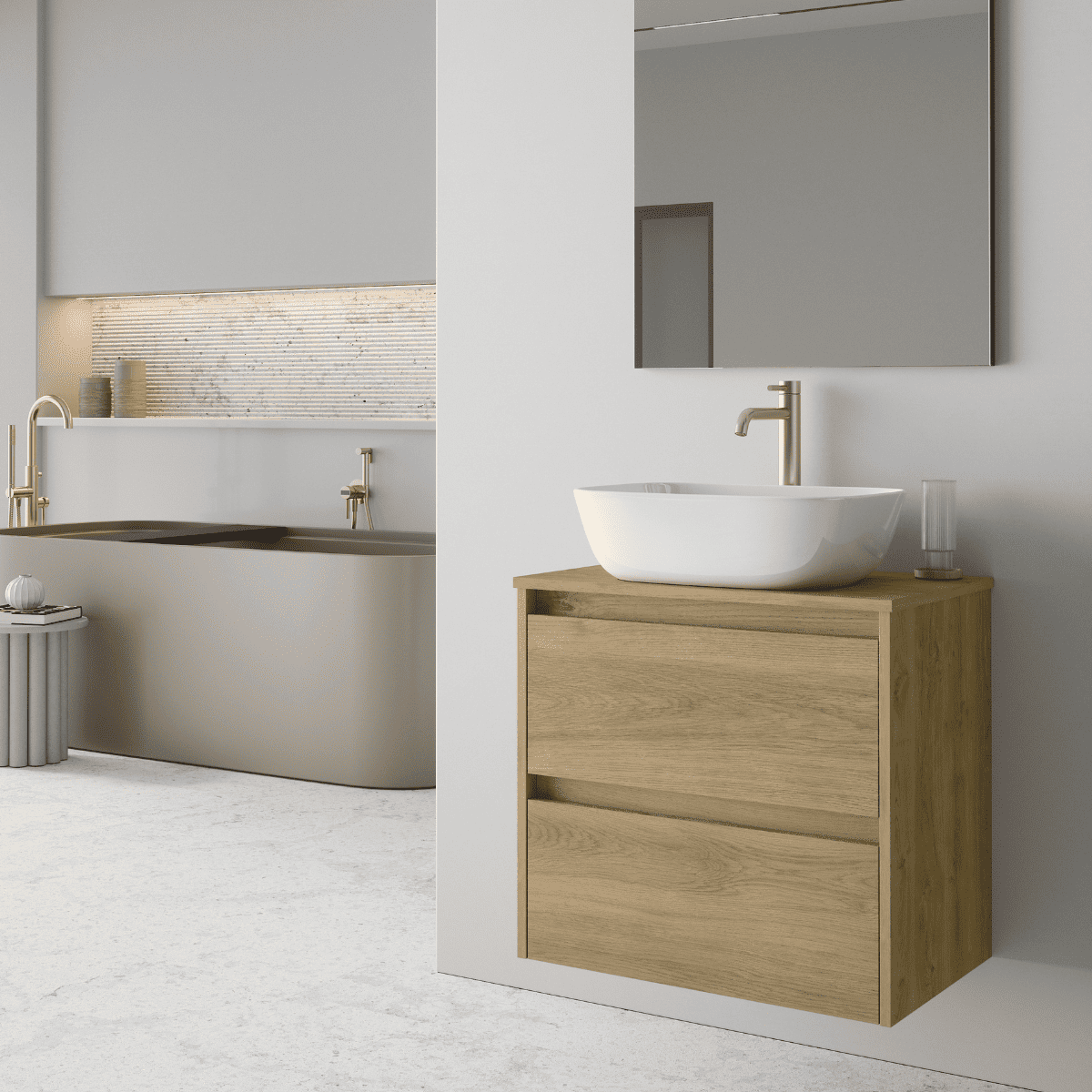 Mueble de Baño Suspendido Fondo Reducido con Lavabo Sobreponer Cerámico para Aseos modelo Veloz| Mueble Volado 2 Cajones | Roble Natural