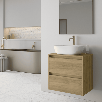 Mueble de Baño Suspendido Fondo Reducido con Lavabo Sobreponer Cerámico para Aseos modelo Veloz| Mueble Volado 2 Cajones | Roble Natural