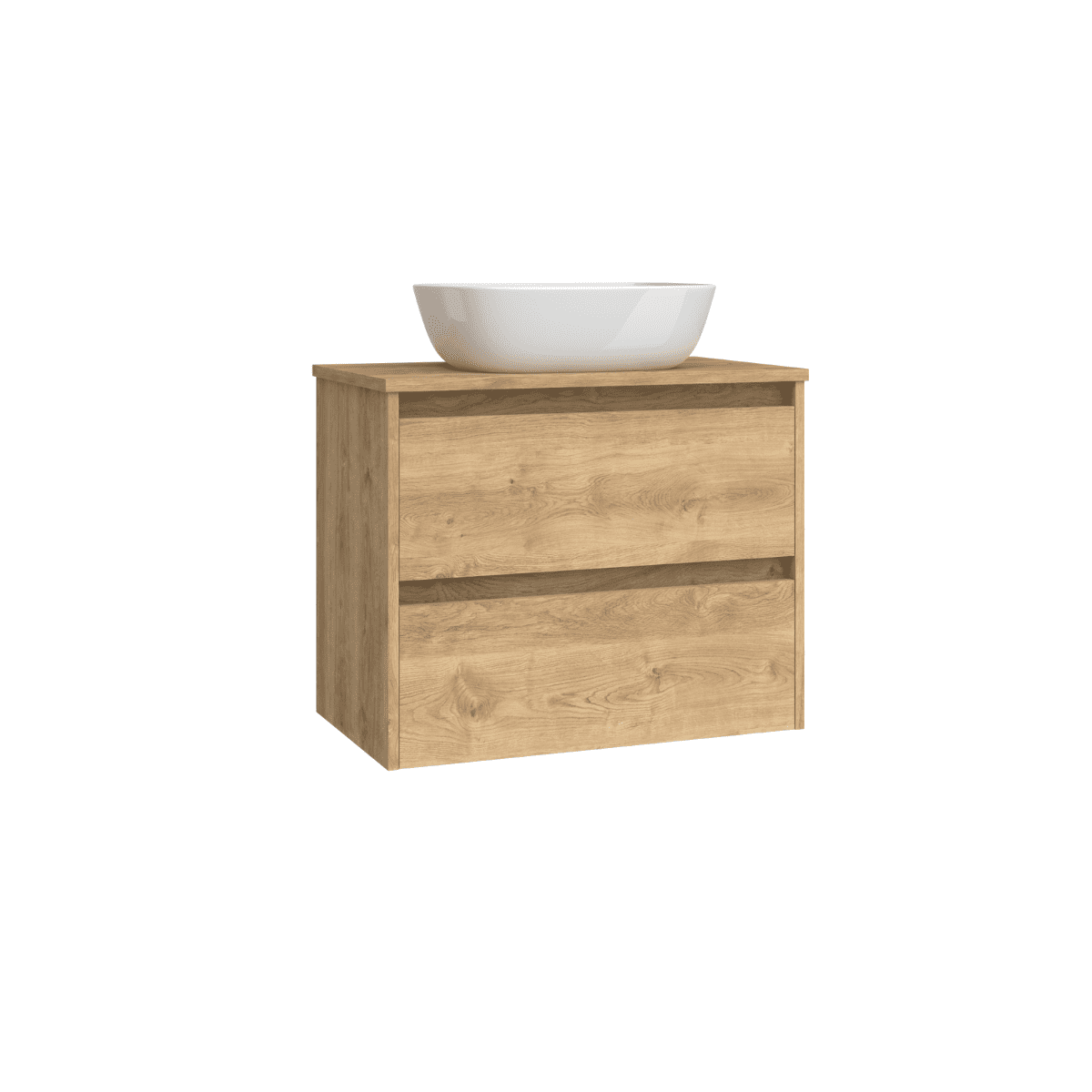 Mueble de Baño Suspendido Fondo Reducido con Lavabo Sobreponer Cerámico para Aseos modelo Veloz| Mueble Volado 2 Cajones | Roble Natural