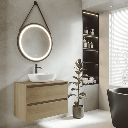 Mueble de Baño Suspendido con Lavabo Sobreponer Cerámico modelo Veloz| Mueble Volado 2 Cajones | Roble Natural