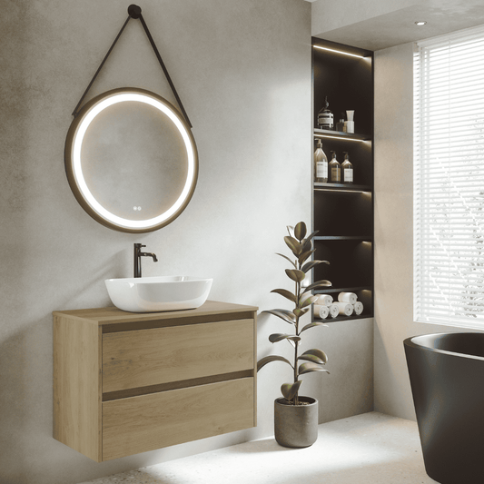 Mueble de Baño Suspendido con Lavabo Sobreponer Cerámico modelo Veloz| Mueble Volado 2 Cajones | Roble Natural