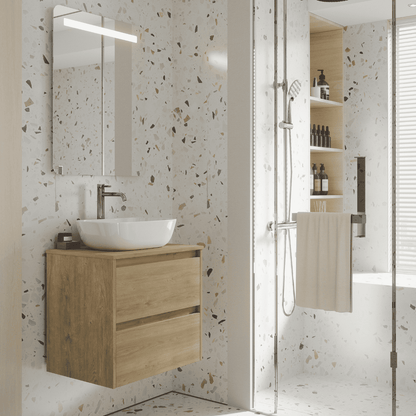 Mueble de Baño Suspendido con Lavabo Sobreponer Cerámico modelo Veloz| Mueble Volado 2 Cajones | Roble Natural