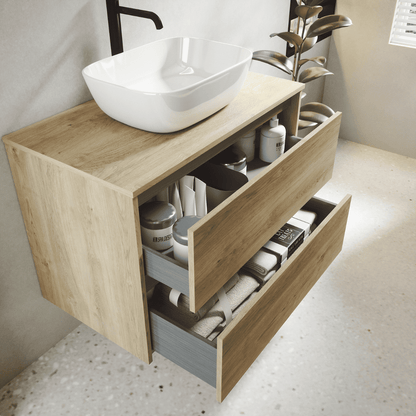 Mueble de Baño Suspendido con Lavabo Sobreponer Cerámico modelo Veloz| Mueble Volado 2 Cajones | Roble Natural