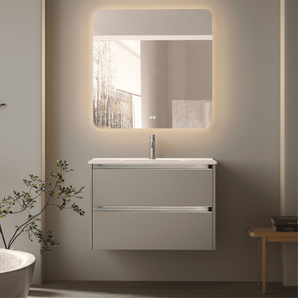 Mueble de Baño Suspendido con Lavabo Cerámico modelo Veloz| Mueble Volado 2 Cajones Con Tirador | Moka - 