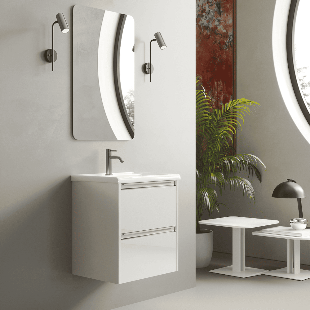 Mueble de Baño Suspendido Fondo Reducido con Lavabo Cerámico para Aseos modelo Veloz| Mueble Volado 2 Cajones Con Tirador | Blanco Brillo - 