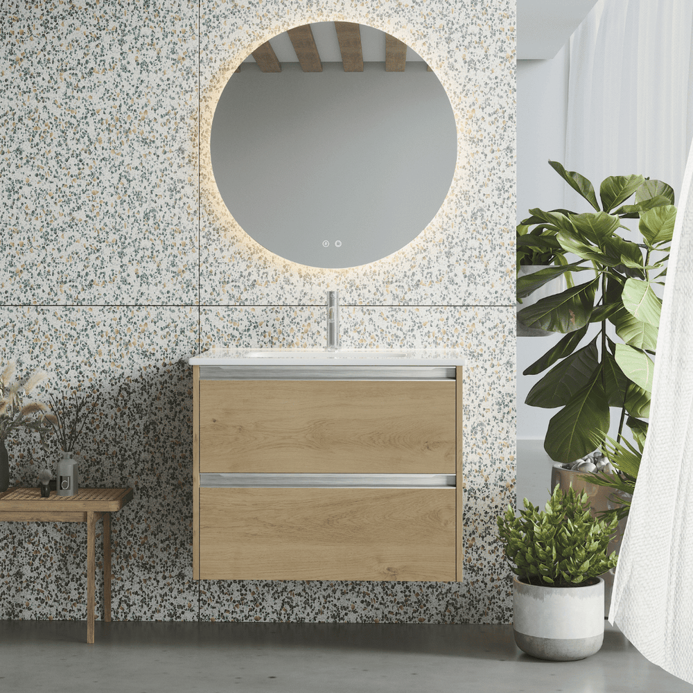 Mueble de Baño Suspendido Fondo Reducido con Lavabo Cerámico para Aseos modelo Veloz| Mueble Volado 2 Cajones Con Tirador | Roble Natural - 