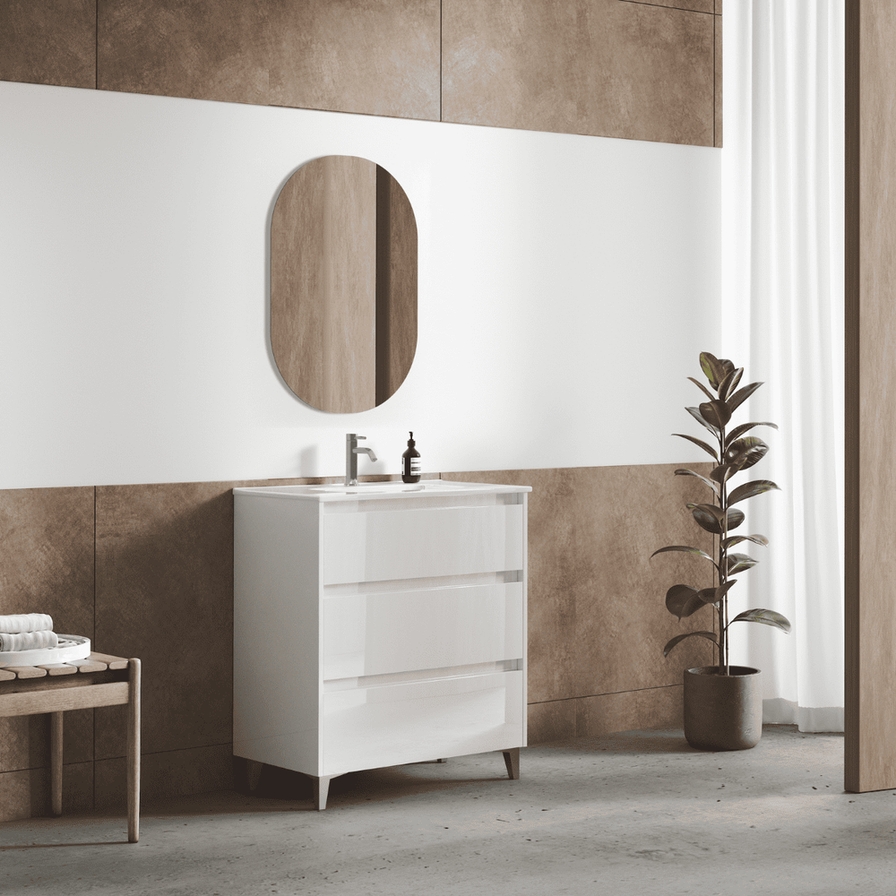 Mueble de Baño A Suelo con Lavabo Cerámico modelo Veloz|Mueble Baño 3 Cajones | Blanco Brillo - 