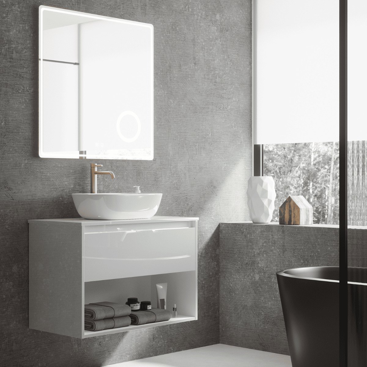 Mueble de Baño Suspendido con Lavabo Sobreponer Cerámico modelo Veloz| Mueble Volado 1 Cajón y 1 Hueco | Blanco Brillo