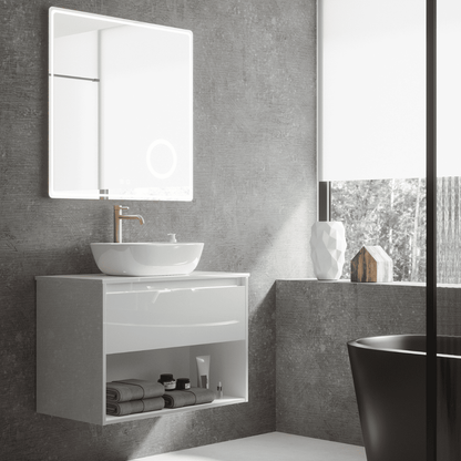 Mueble de Baño Suspendido con Lavabo Sobreponer Cerámico modelo Veloz| Mueble Volado 1 Cajón y 1 Hueco | Blanco Brillo