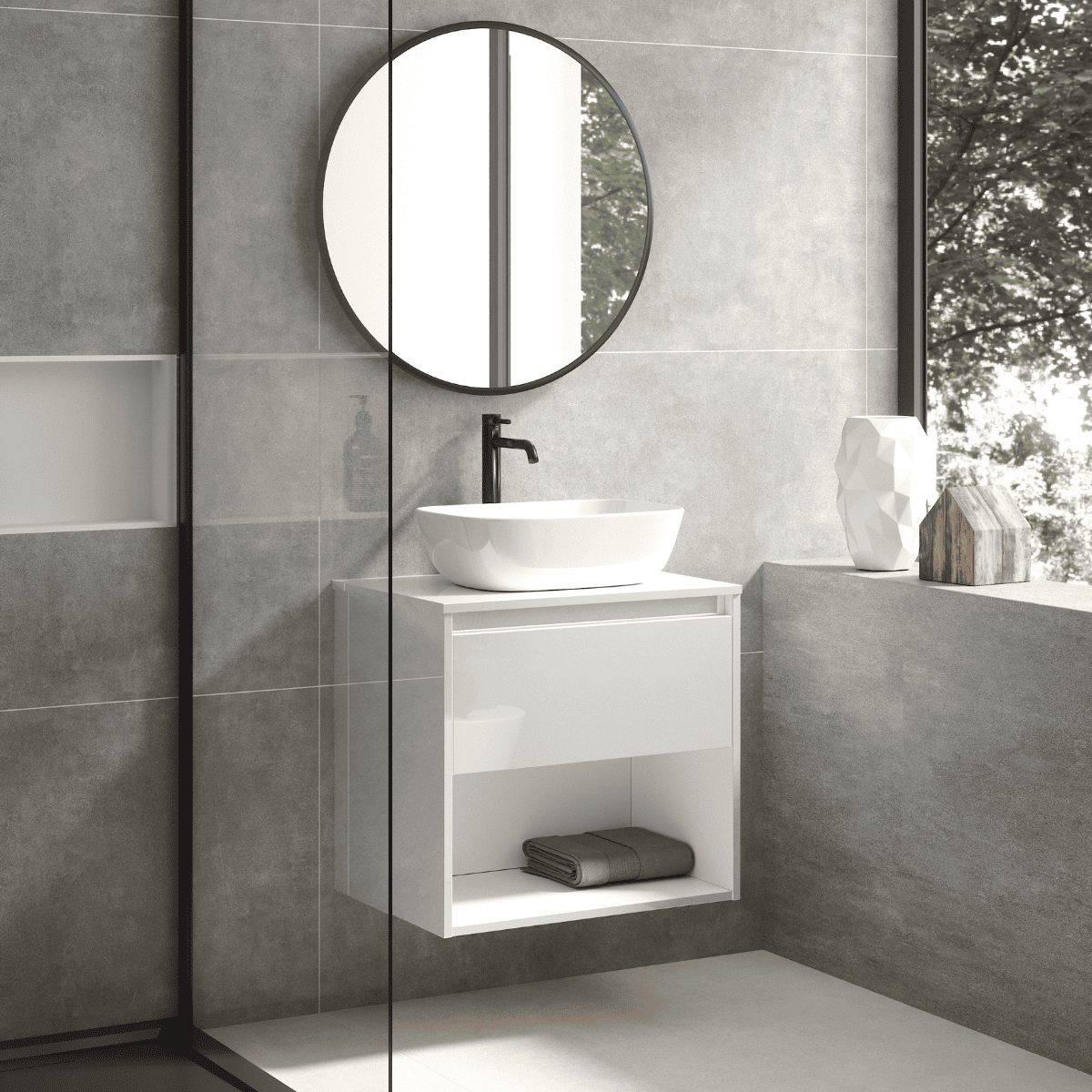 Mueble de Baño Suspendido con Lavabo Sobreponer Cerámico modelo Veloz| Mueble Volado 1 Cajón y 1 Hueco | Blanco Brillo