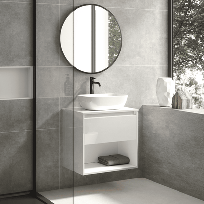 Mueble de Baño Suspendido con Lavabo Sobreponer Cerámico modelo Veloz| Mueble Volado 1 Cajón y 1 Hueco | Blanco Brillo