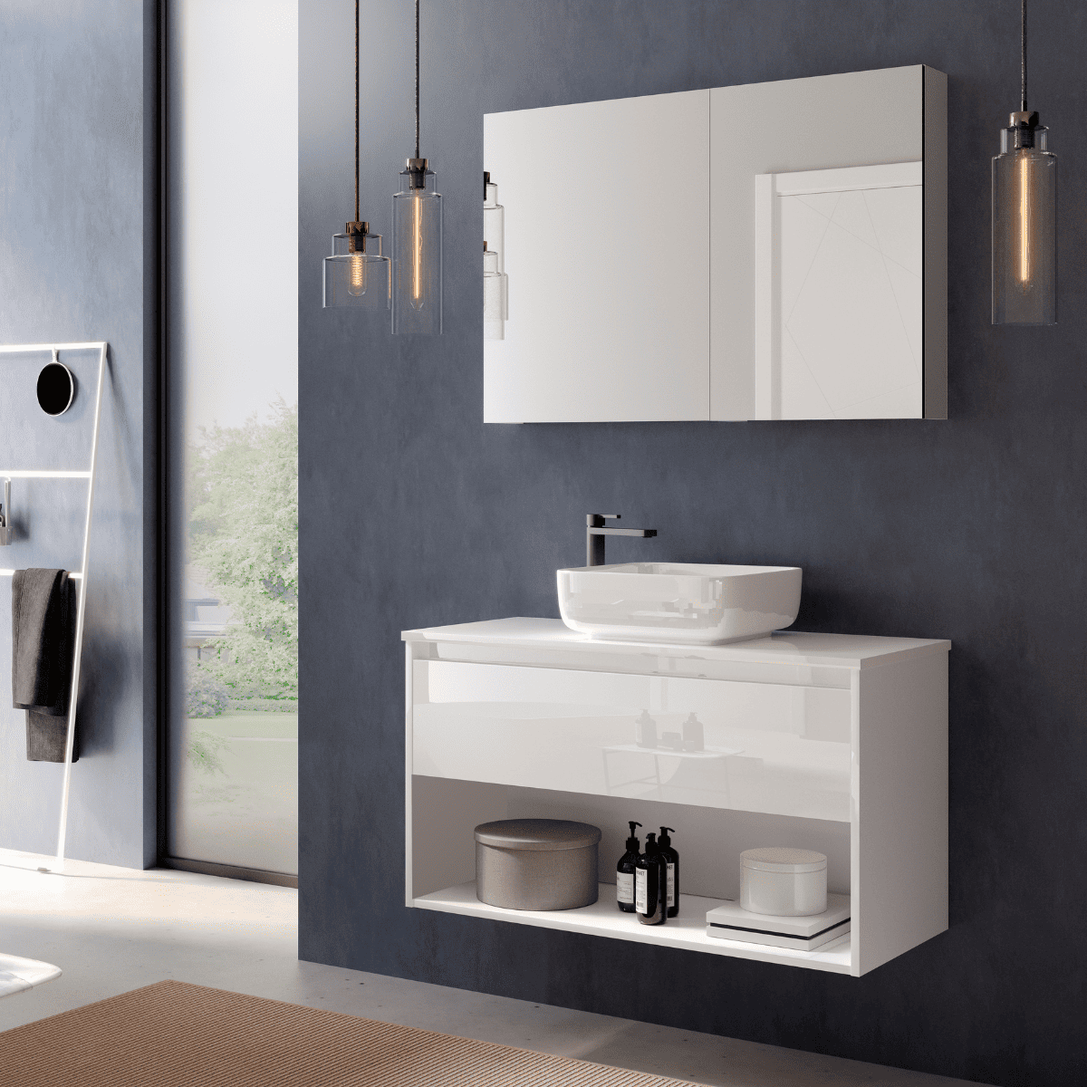 Mueble de Baño Suspendido con Lavabo Sobreponer Cerámico modelo Veloz| Mueble Volado 1 Cajón y 1 Hueco | Blanco Brillo