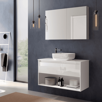 Mueble de Baño Suspendido con Lavabo Sobreponer Cerámico modelo Veloz| Mueble Volado 1 Cajón y 1 Hueco | Blanco Brillo
