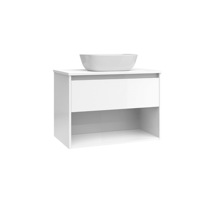 Mueble de Baño Suspendido con Lavabo Sobreponer Cerámico modelo Veloz| Mueble Volado 1 Cajón y 1 Hueco | Blanco Brillo