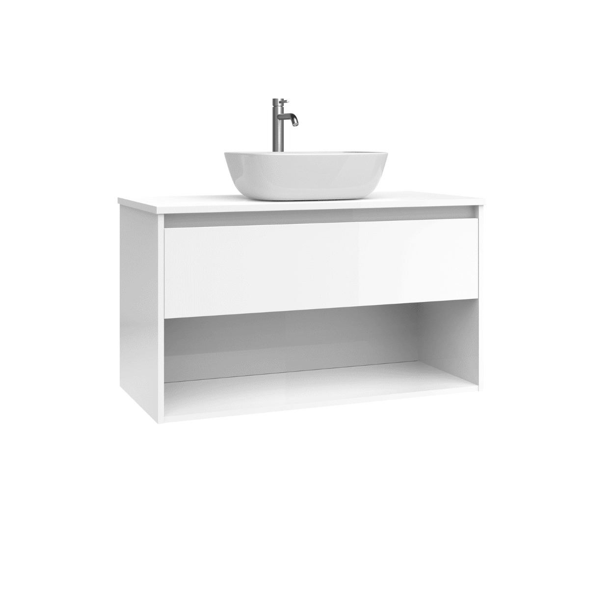 Mueble de Baño Suspendido con Lavabo Sobreponer Cerámico modelo Veloz| Mueble Volado 1 Cajón y 1 Hueco | Blanco Brillo