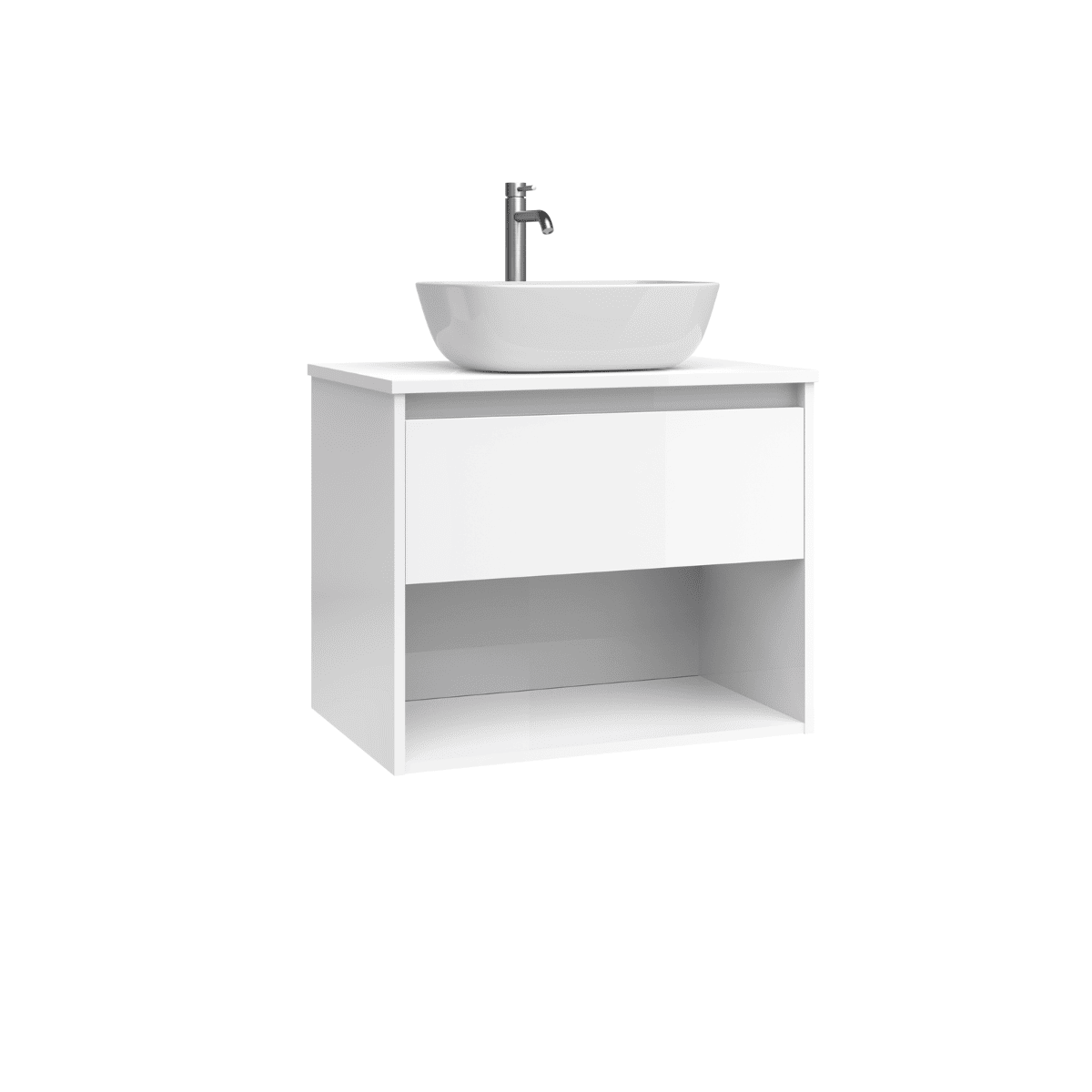 Mueble de Baño Suspendido con Lavabo Sobreponer Cerámico modelo Veloz| Mueble Volado 1 Cajón y 1 Hueco | Blanco Brillo