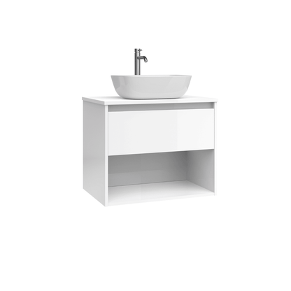 Mueble de Baño Suspendido con Lavabo Sobreponer Cerámico modelo Veloz| Mueble Volado 1 Cajón y 1 Hueco | Blanco Brillo