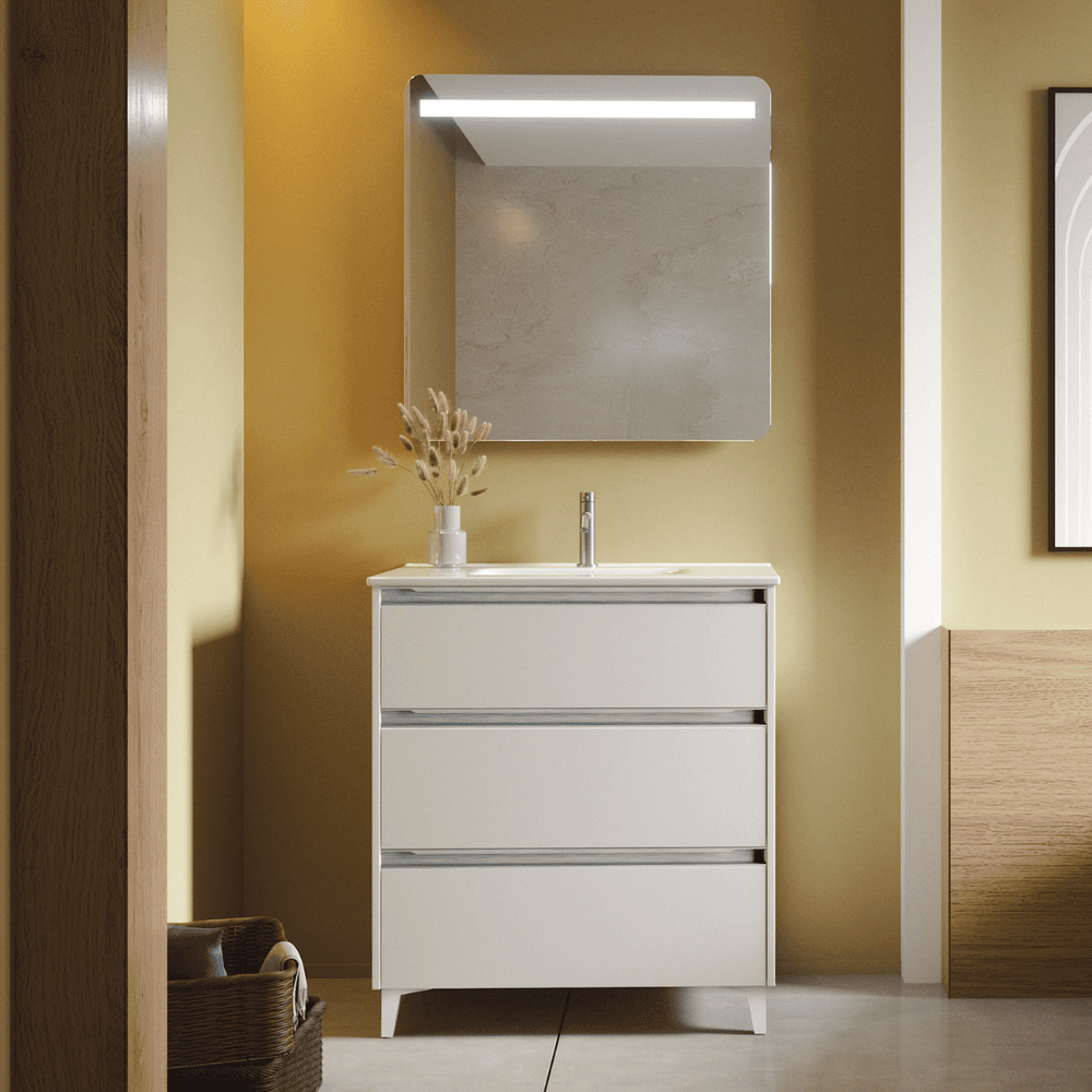 Veloz Floor-Standing Bathroom Cabinet with Ceramic Sink | Bathroom Cabinet with Legs, 3 Drawers with Handles | Matte White - 