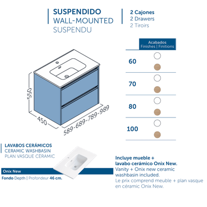 Mueble de Baño Suspendido con Lavabo Cerámico modelo Veloz| Mueble Volado 2 Cajones| Blanco Brillo