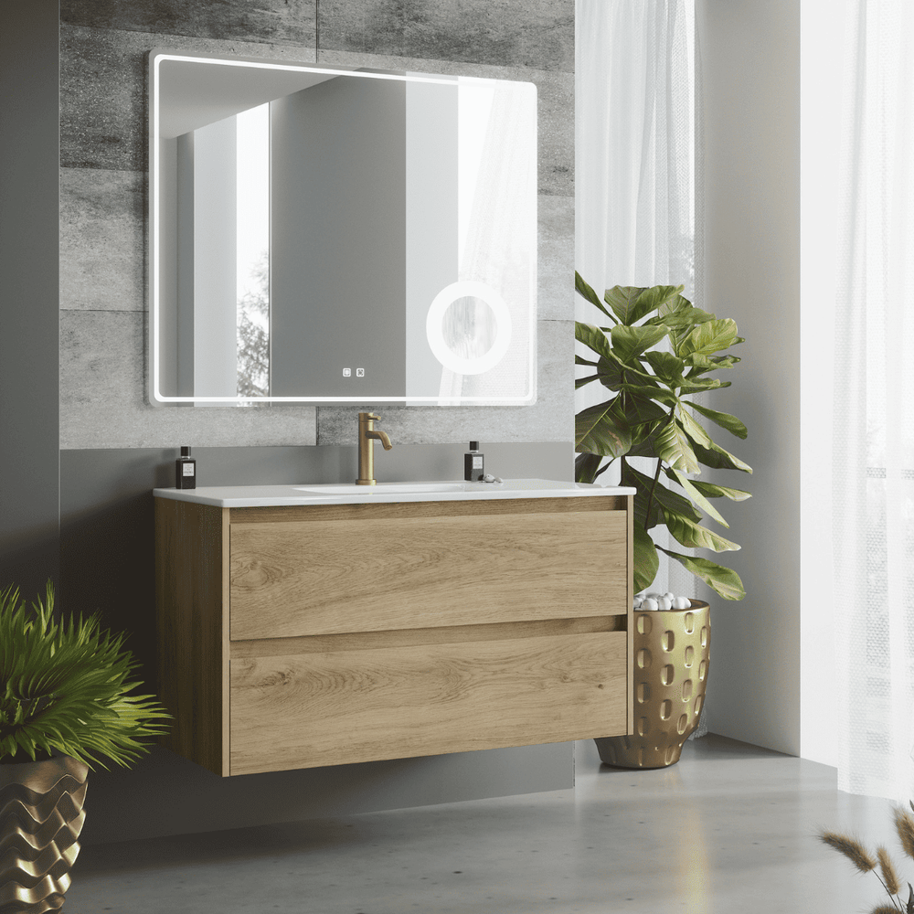 Mueble de Baño Suspendido con Lavabo Cerámico modelo Veloz| Mueble Volado 2 Cajones| Roble Natural - 