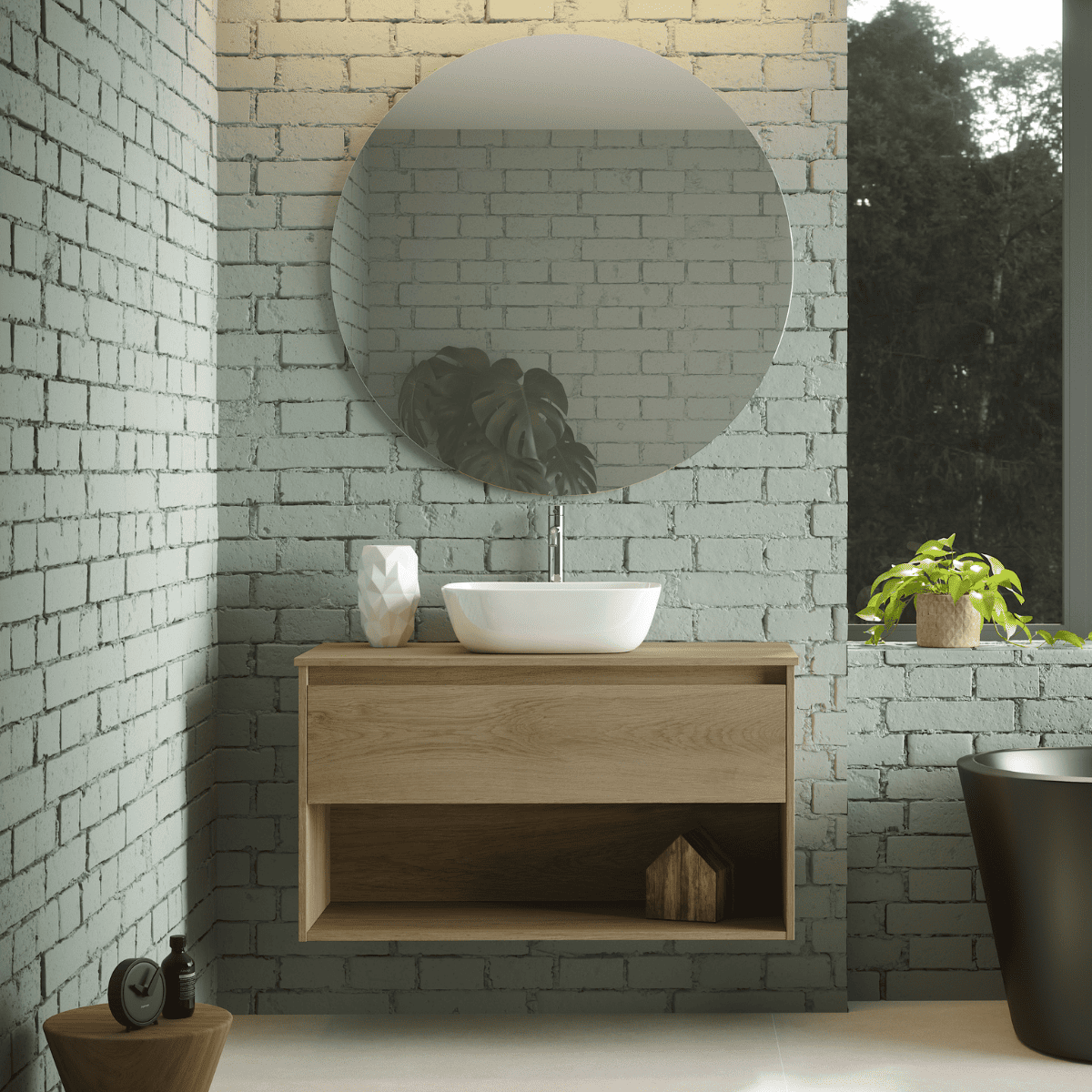 Mueble de Baño Suspendido con Lavabo Sobreponer Cerámico modelo Veloz| Mueble Volado 1 Cajón y 1 Hueco | Roble Natural