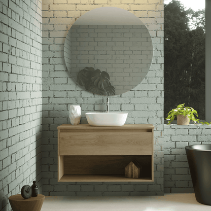 Mueble de Baño Suspendido con Lavabo Sobreponer Cerámico modelo Veloz| Mueble Volado 1 Cajón y 1 Hueco | Roble Natural