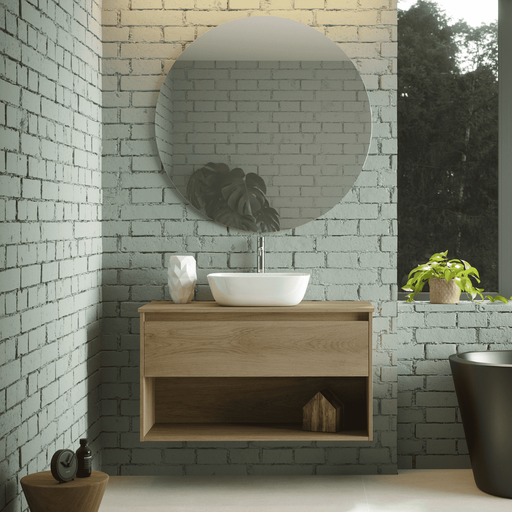 Mueble de Baño Suspendido con Lavabo Sobreponer Cerámico modelo Veloz| Mueble Volado 1 Cajón y 1 Hueco | Roble Natural - 