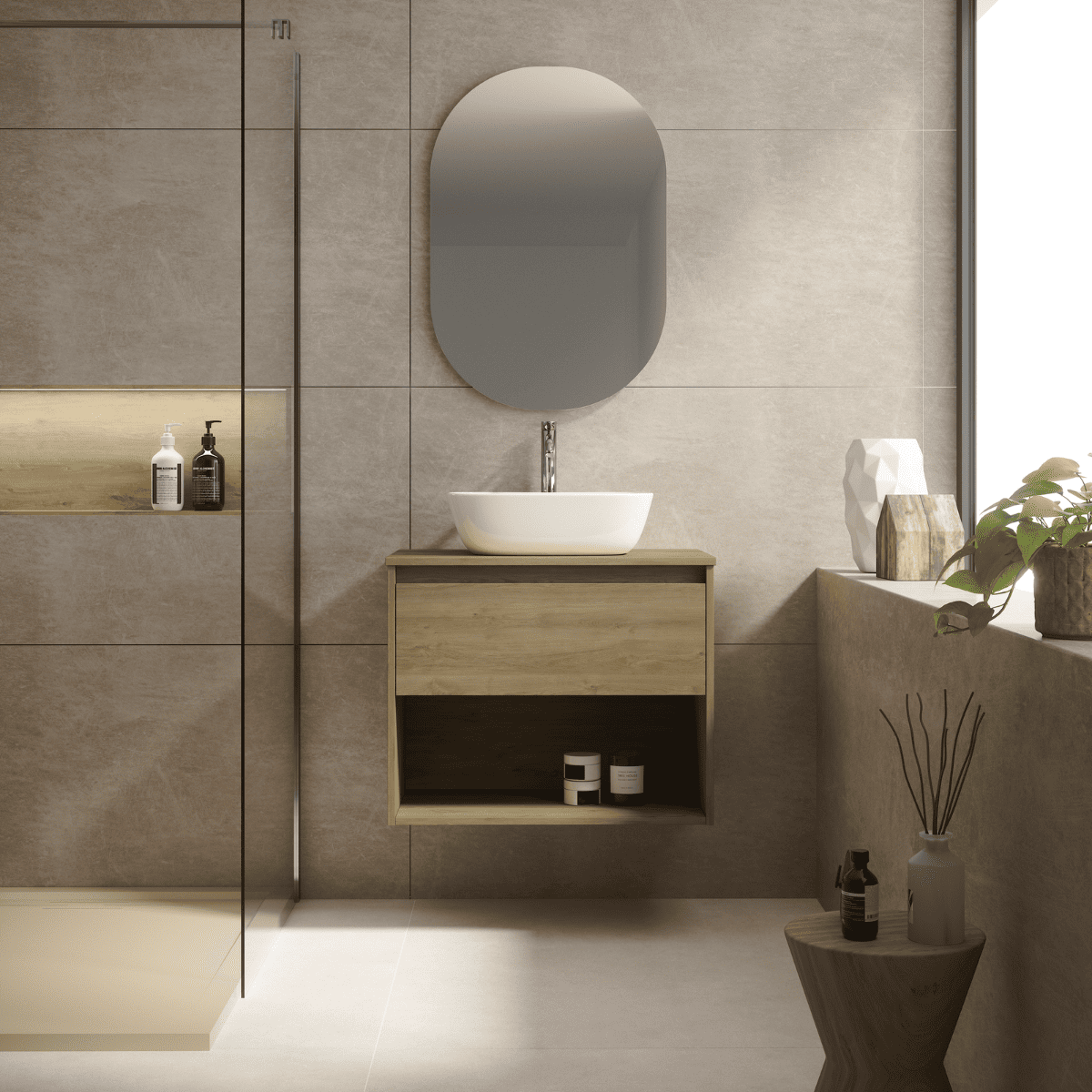 Mueble de Baño Suspendido con Lavabo Sobreponer Cerámico modelo Veloz| Mueble Volado 1 Cajón y 1 Hueco | Roble Natural