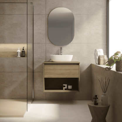 Mueble de Baño Suspendido con Lavabo Sobreponer Cerámico modelo Veloz| Mueble Volado 1 Cajón y 1 Hueco | Roble Natural