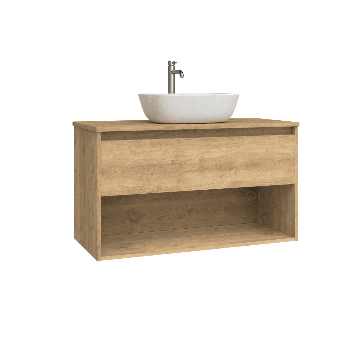 Mueble de Baño Suspendido con Lavabo Sobreponer Cerámico modelo Veloz| Mueble Volado 1 Cajón y 1 Hueco | Roble Natural