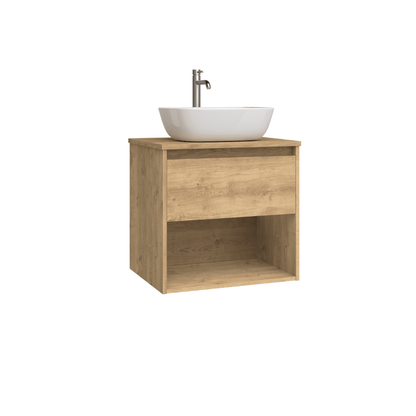 Mueble de Baño Suspendido con Lavabo Sobreponer Cerámico modelo Veloz| Mueble Volado 1 Cajón y 1 Hueco | Roble Natural