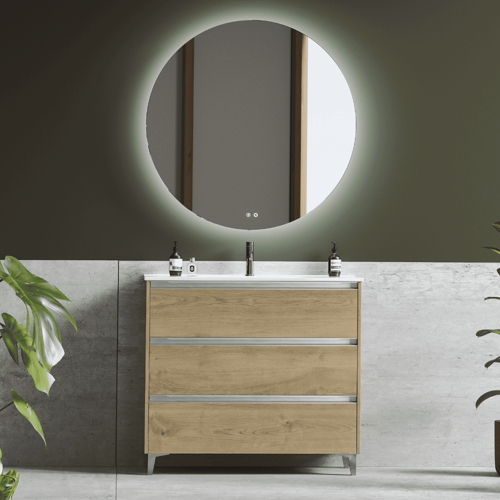 Mueble de Baño A Suelo con Lavabo Cerámico modelo Veloz| Mueble Baño con Patas 3 Cajones Con Tirador | Roble Natural - 