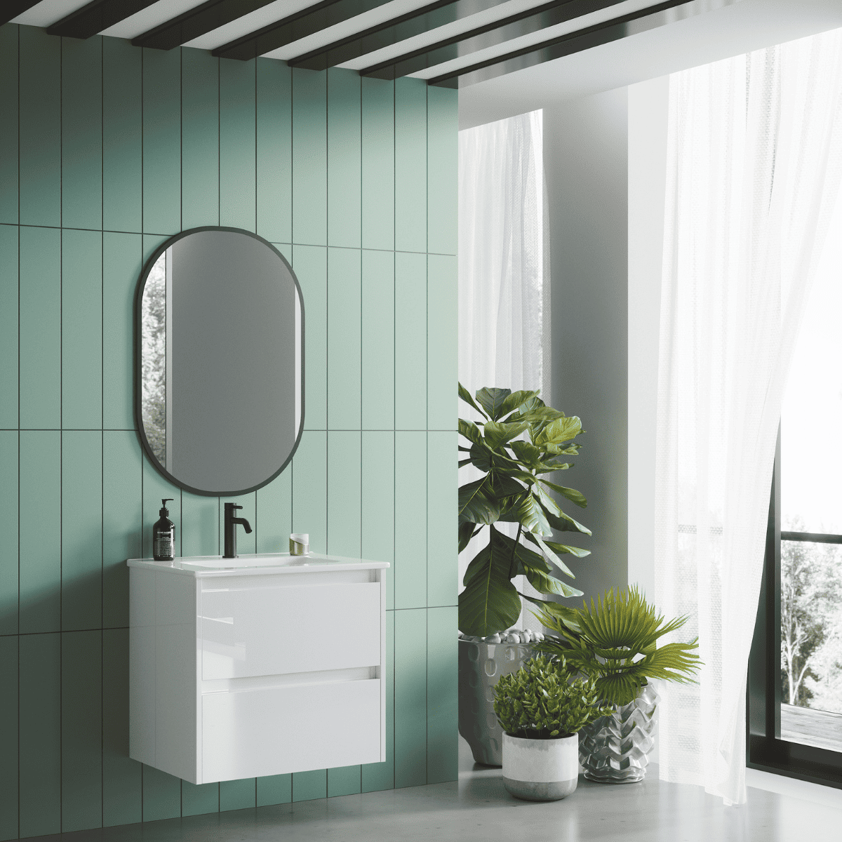 Mueble de Baño Suspendido Fondo Reducido con Lavabo Cerámico modelo Veloz| Mueble Volado 2 Cajones | Blanco Brillo