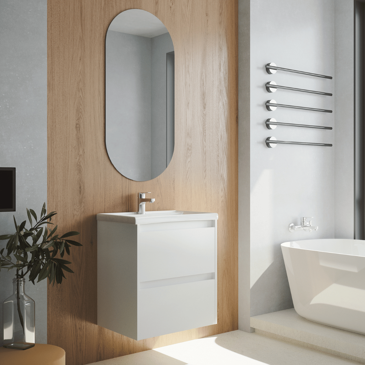 Mueble de Baño Suspendido Fondo Reducido con Lavabo Cerámico modelo Veloz| Mueble Volado 2 Cajones | Blanco Mate