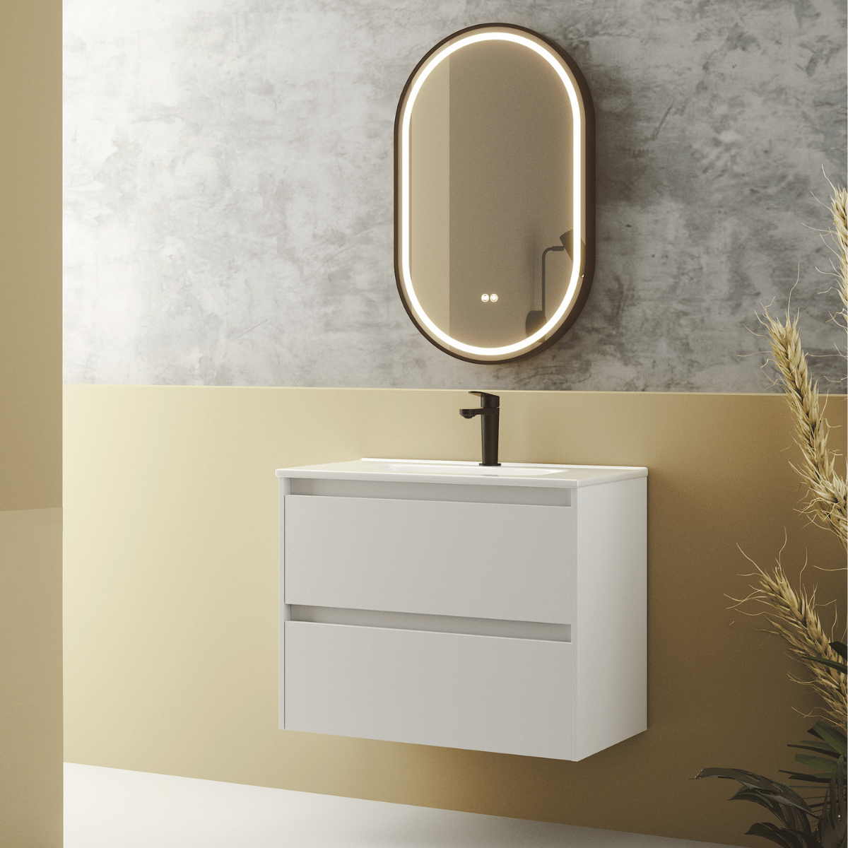 Mueble de Baño Suspendido Fondo Reducido con Lavabo Cerámico modelo Veloz| Mueble Volado 2 Cajones | Blanco Mate