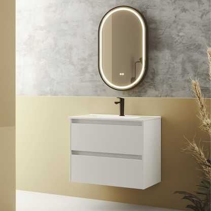 Mueble de Baño Suspendido Fondo Reducido con Lavabo Cerámico modelo Veloz| Mueble Volado 2 Cajones | Blanco Mate