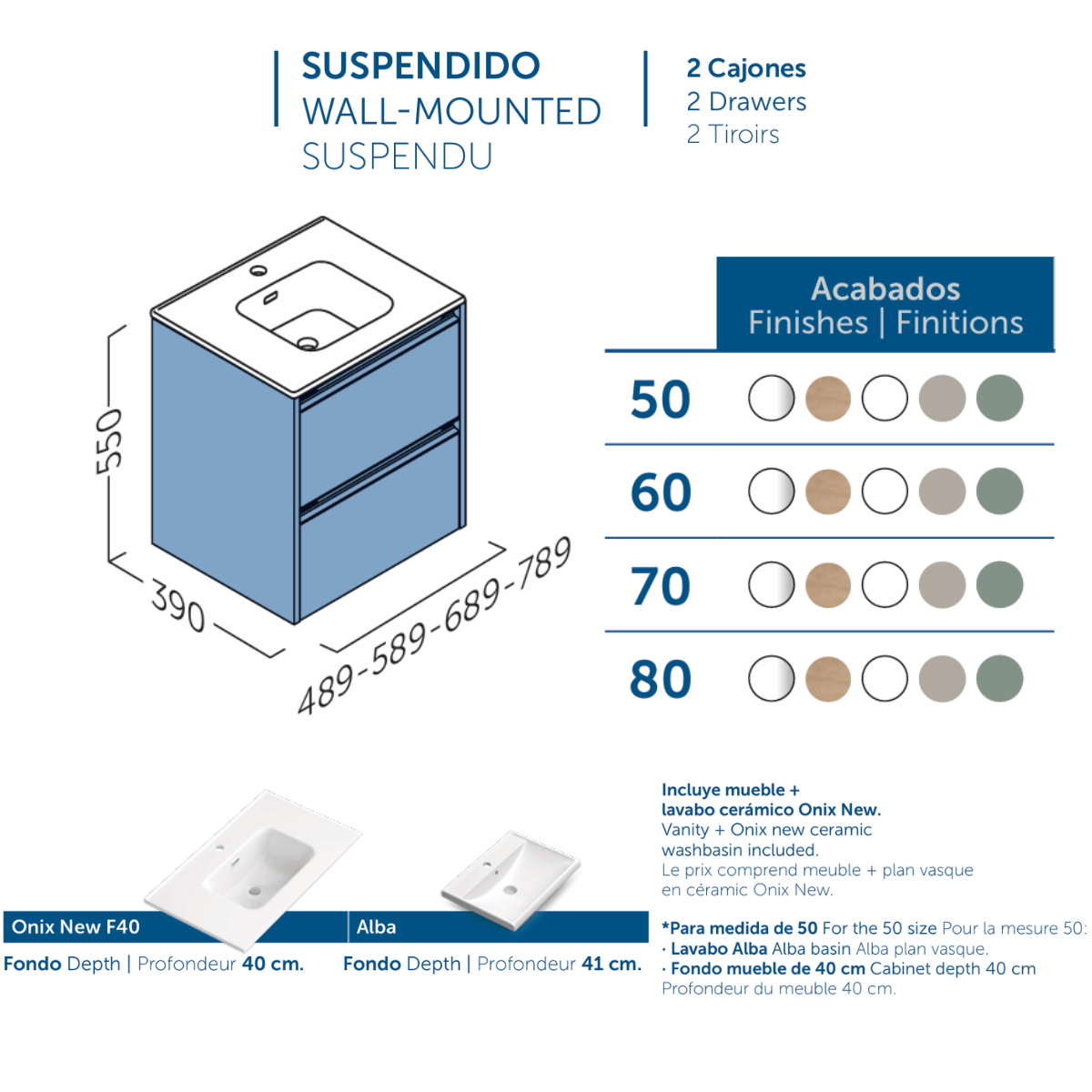 Mueble de Baño Suspendido Fondo Reducido con Lavabo Cerámico modelo Veloz| Mueble Volado 2 Cajones | Leaf