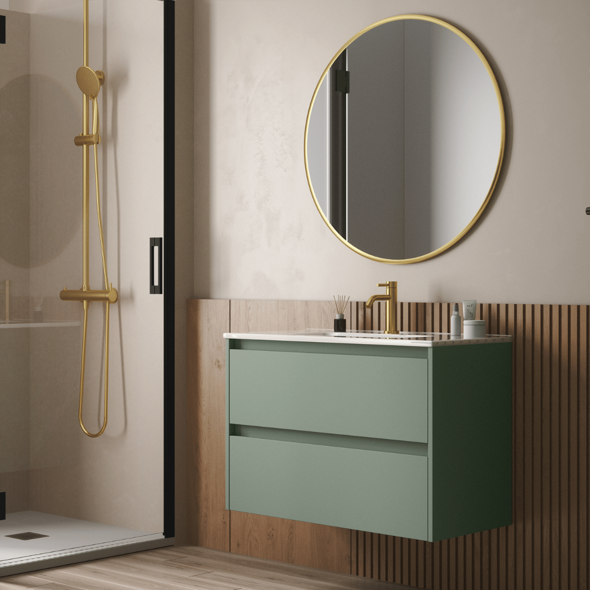 Mueble de Baño Suspendido Fondo Reducido con Lavabo Cerámico modelo Veloz| Mueble Volado 2 Cajones | Leaf