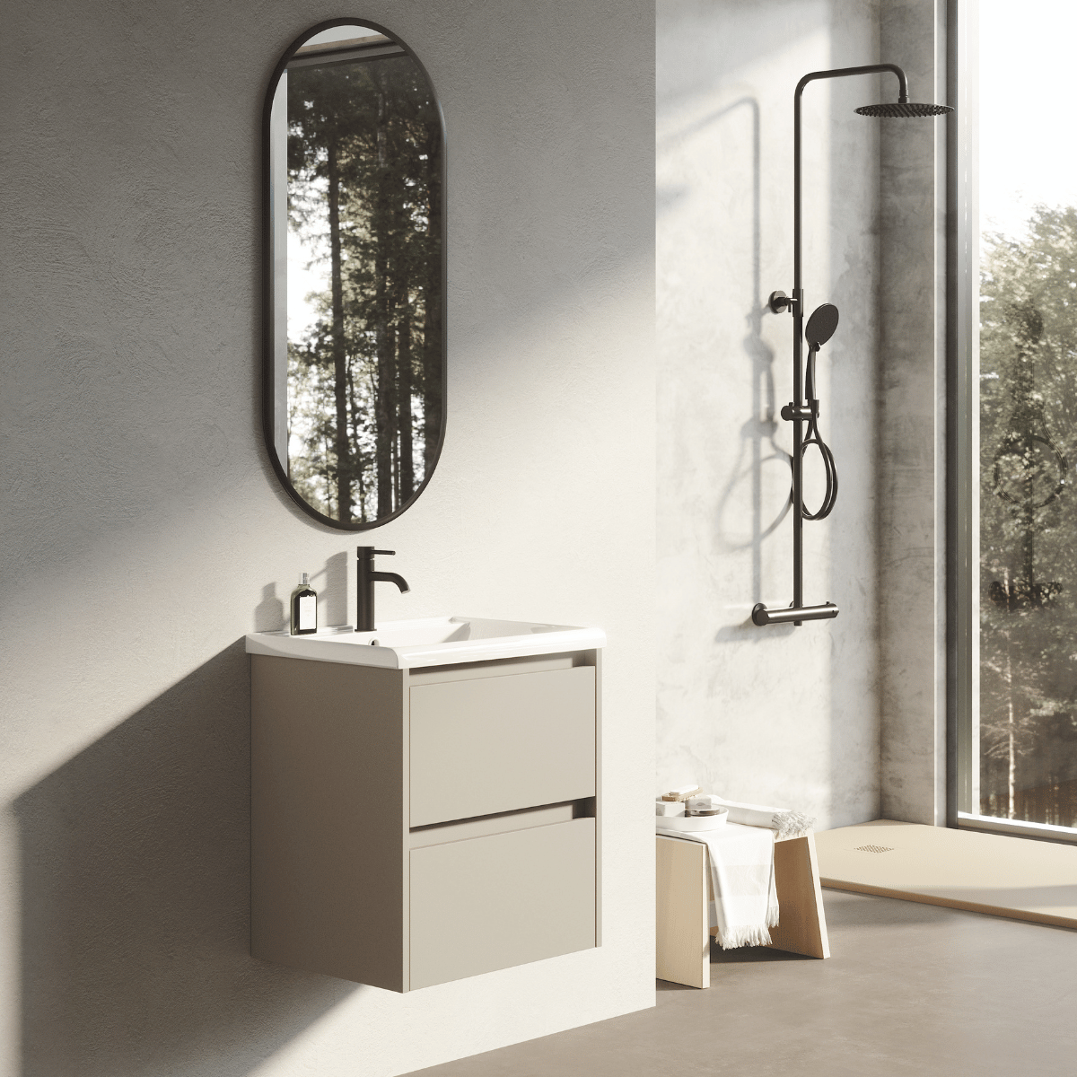 Mueble de Baño Suspendido Fondo Reducido con Lavabo Cerámico modelo Veloz| Mueble Volado 2 Cajones | Moka