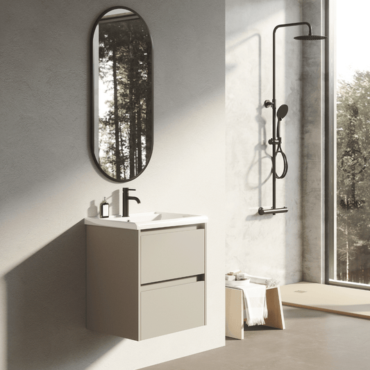 Mueble de Baño Suspendido Fondo Reducido con Lavabo Cerámico modelo Veloz| Mueble Volado 2 Cajones | Moka